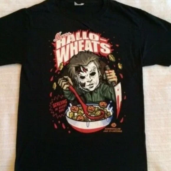 Halloween Hallo-Wheats Cereal Parody Graphic Tee Funny Michael Myers Fan Shirt - Picture 1 of 5